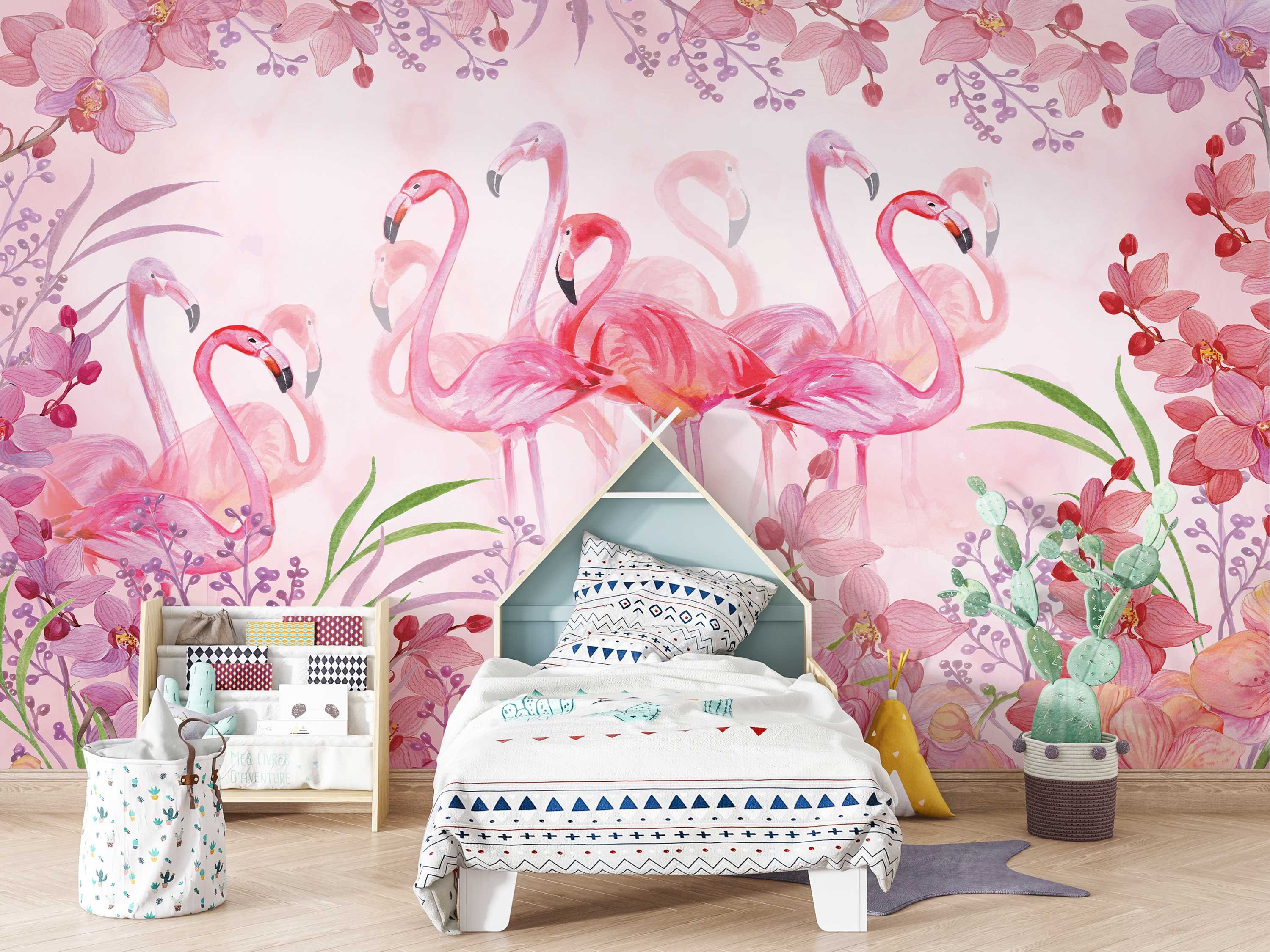 Flamingo Wallpaper, Pink Garden Nursery Wallpaper, Exotic Wallpaper