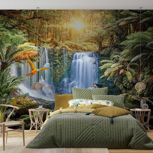 Waterfall Rainforest Wallpaper Nature Landscape Tree Mural Exotic birds Wallpaper