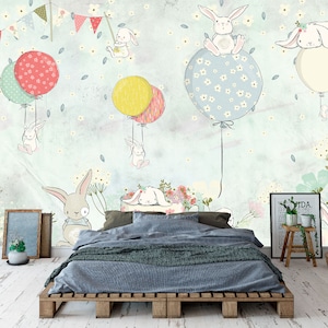 Balloon Bunny Wallpaper: Children&#39;s Room Wall Art, Non-Woven Vinyl