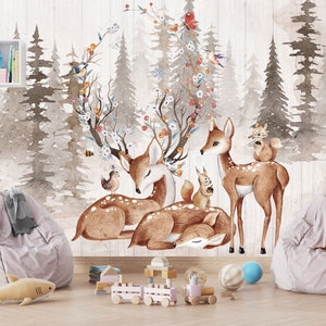 Forest Animals wallpaper with cute roe deer birds and squirrels, photo printed decorative wallpaper for nursery & living room