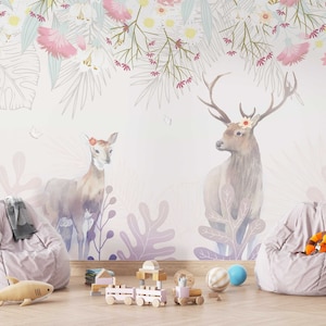 Deer in the Flower Forest Children Room Wallpaper, Wall Mural, non-woven Vinyl wallpaper