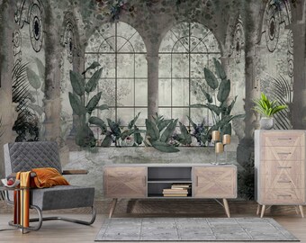 Verdant Conservatory Elegance: Timeless Stone Arch and Lush Foliage Mural Wallpaper for Sophisticated Interiors