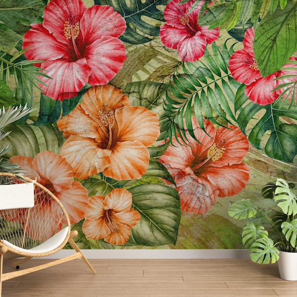 Fleurs d'hibiscus et feuilles tropicales Fonds d'écran | Papier peint pour salon | Chambre | Décoration murale chambre d'enfant