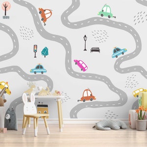 Strade di cartoni animati con automobili, case e alberi per bambini, asilo nido, carta da parati in vinile di alta qualità per la cameretta dei bambini