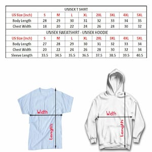 May include: Size chart for unisex t-shirts and sweatshirts with hoodies. The chart shows measurements in inches for body length, chest width, and sleeve length. Sizes range from S to 5XL.