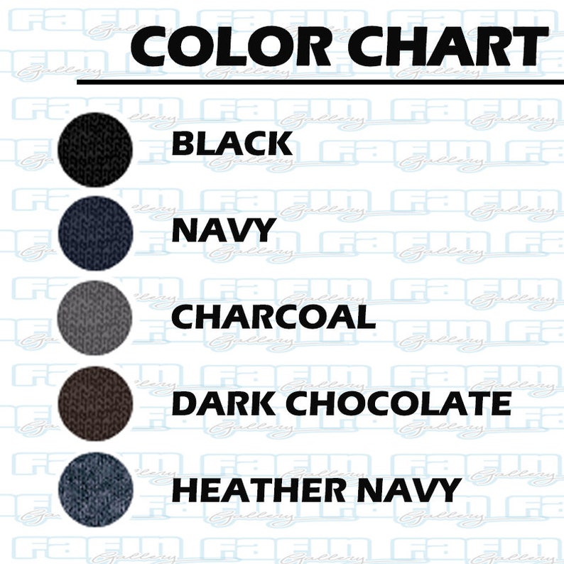 May include: Colour chart showing five different fabric colours: black, navy, charcoal, dark chocolate, and heather navy.