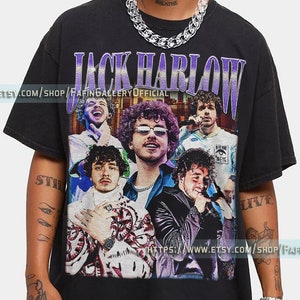 May include: Black t-shirt with a vintage-style graphic of Jack Harlow. The graphic features multiple images of Harlow in different poses, with the text "Jack Harlow" in a purple and white gradient.