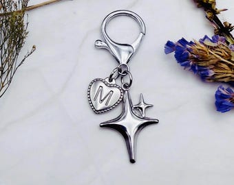 Silver Star Heart Initial Charm Keychain, Y2K Bag Accessory