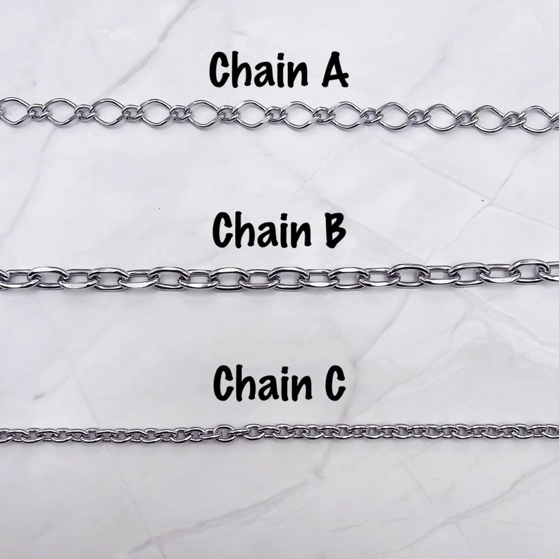May include: Three silver-toned metal chains labeled Chain A, Chain B, and Chain C. Chain A features elongated oval links, Chain B consists of uniform oval links, and Chain C is composed of small, tightly connected circular links in a row.