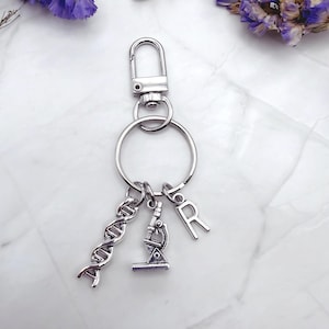 DNA Science Teacher Keychain ,Biology Chemistry Key Ring, Personalized Initial Charm