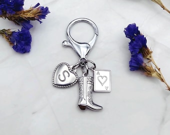 Cowboy Boot Keychain, Western Charm, Ace of Hearts, Initial Pendant