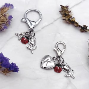Silver custom ladybug bag charm, initial purse keychain for her, flower keychain