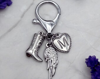 Cowgirl Boot Keychain, Western Initial Bag Charm, Angel Wing Accessory