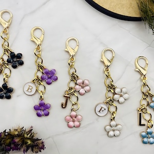 Custom Flower Bag Charm – Personalized Purse Charm with Initial - Summer purse keychain - handbag accessories - gold floral keychain