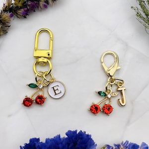 Custom clip on purse keychain, initial bag charm, cherry keychain, personalized name tag for her