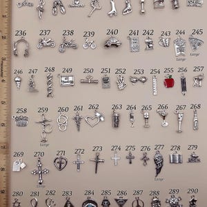 May include: A collection of silver-toned metal charms arranged in rows, numbered 225 through 290, featuring various shapes including sports, food, and symbols. A wooden ruler on the left shows measurements in inches for scale reference.