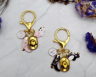 Custom Initial Western Bag Charm, Cowboy Hat Boot Cow Clip