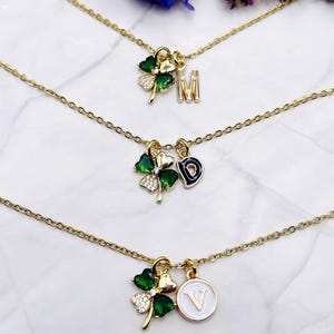 Custom clover charm necklace, initial charm pendant, four leaf clover, gold necklace, Irish jewelry, personalized charms