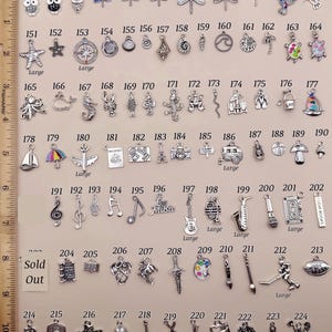 May include: A collection of silver-toned metal charms arranged in rows, numbered 140 through 224, featuring various shapes like animals, musical instruments, and sports gear, displayed next to a wooden ruler measuring 10 inches in length.