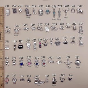 May include: A collection of silver-toned metal charms arranged in rows, numbered 291 through 344, featuring various shapes including animals, objects, and symbols. A wooden ruler on the left shows measurements in inches for scale reference.