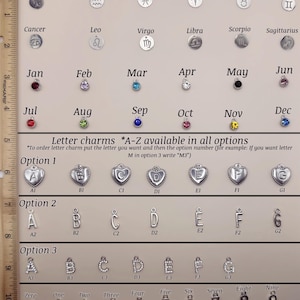May include: A display board featuring zodiac symbols, birthstone charms for each month, and letter charms in three styles labeled A1 through G3, alongside number charms zero through nine. A 10-inch ruler is positioned vertically on the left side.