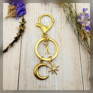 Gold Celestial Keychain, Moon Star Bag Charm, Initial Keyring, Personalized Purse Gift