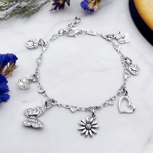 Silver heart charm bracelet, custom dainty bracelet for her, Choose your own charms, silver jewelry personalized