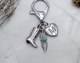 Cowboy boot bag charm, custom initial feather keychain for her