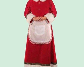 Mrs. Claus Costume for Women Adult Christmas Plus Size Dress with Bonnet Apron White Hair Wig and Wire Rim Glasses