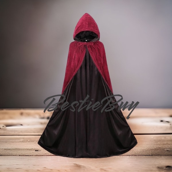 Hooded Cape Reversible Burgundy Velvet and Black Satin Cloak Velvet Satin Halloween Christmas Cosplay Costumes