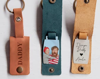 Fathers Day Gift for Dad - Personalized Leather Photo Keychain, Dad Keychain, Photo Keyring, Gift for Dad, Gift from Daughter, Daddy Gift