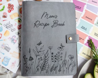 Personalized Recipe Journal, Leather Recipe Book, Moms Recipe Book Flowers, Custom Recipe Binder, Blank Recipe Book, Christmas Gift for Mom