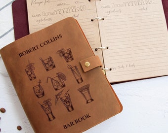 Personalized Cocktail Recipe Book - drink recipe book, bartender gift, custom cocktail book, cocktail journal, leather recipe book, bar book