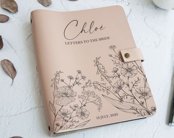 Letters to the Bride, Bridal Shower Guest Book, Dear Bride, Personalized Leather Journal, Future Mrs Gift for Bride, Wildflower Guest Book