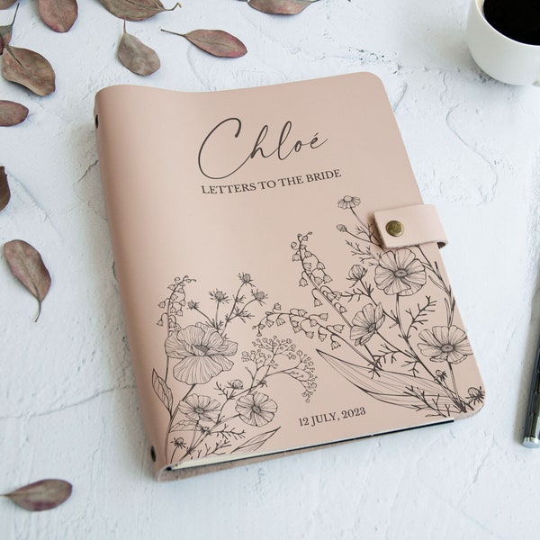 Lettres à la mariée, livre d'or pour la mariée, chère mariée, journal en cuir personnalisé, cadeau future Mme pour la mariée, livre d'or fleurs sauvages