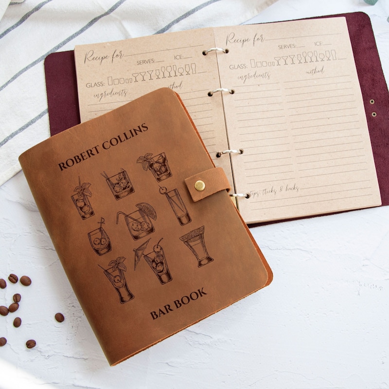 Personalized Cocktail Recipe Book - drink recipe book, bartender gift, custom cocktail book, cocktail journal, leather recipe book, bar book