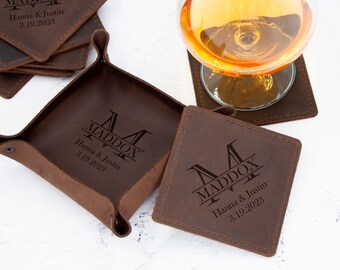 Leather Coasters Personalized, Set of 6 Square Custom Coaster Set with Holder, Housewarming Gift, Monogram Coasters, Wedding Gift for Couple