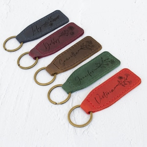 Personalized Name Keychain with Birth Flower, Birthday Gifts for Her, Custom Leather Keychain for Women, Gifts For Mom, Mothers Day Gifts