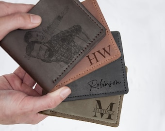 Regalo personalizado para el día del padre, billetera para hombre, regalo personalizado para papá, billetera de cuero grabada, billetera con foto personalizada, billetera con escritura a mano