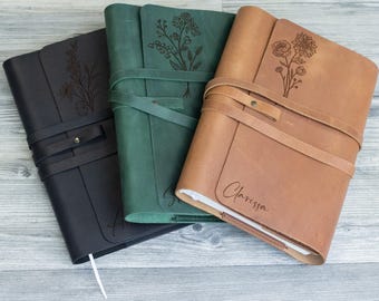 Birth Flower Name Journal, Personalized Leather Journal, Prayer Journal for Women, Wellness Journal, Gratitude Journal, Birth Flower Gift