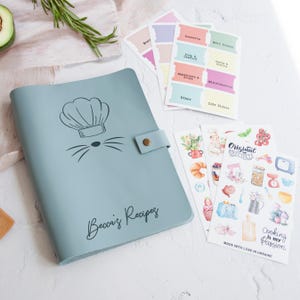 Baby blue leather recipe book with chef hat engraving, personalized cookbook binder, custom family recipes journal gift for baker