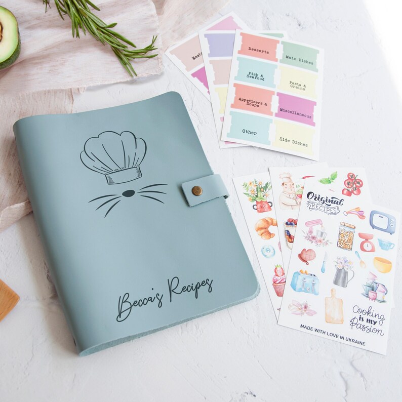 Baby blue leather recipe book with chef hat engraving, personalized cookbook binder, custom family recipes journal gift for baker