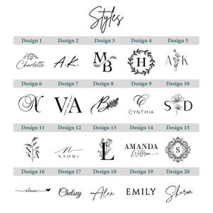 K&ouml;nnte beinhalten: Eine &Uuml;bersicht mit dem Titel Styles, die zwanzig verschiedene schwarze Logodesigns auf wei&szlig;em Hintergrund zeigt. Die Sammlung enth&auml;lt verschiedene Kombinationen aus Serifenschriften, Schreibschriften, Blumenillustrationen und Monogrammen.