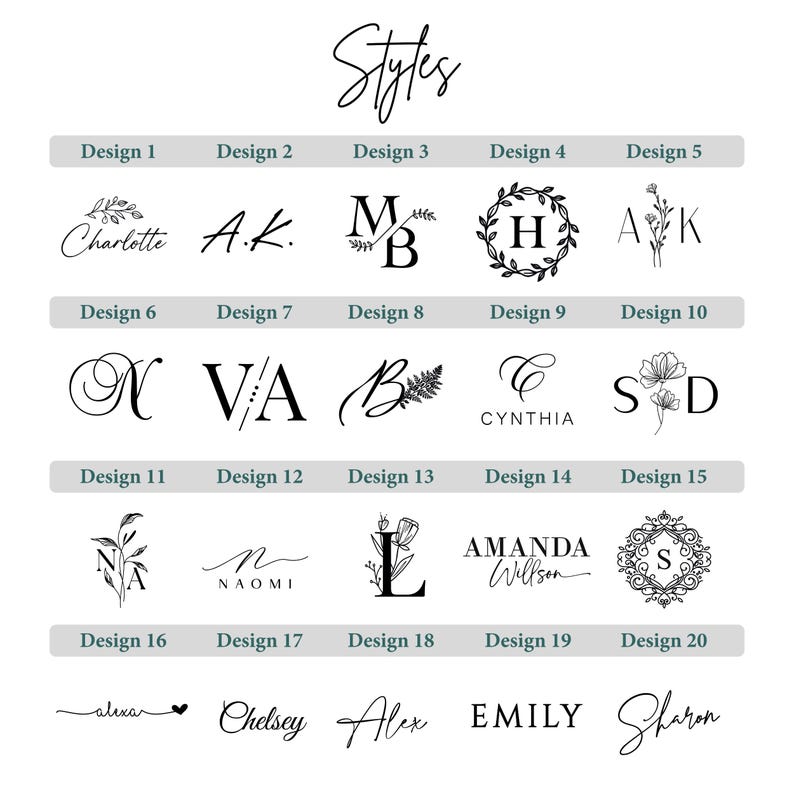 K&ouml;nnte beinhalten: Eine &Uuml;bersicht mit dem Titel Styles, die zwanzig verschiedene schwarze Logodesigns auf wei&szlig;em Hintergrund zeigt. Die Sammlung enth&auml;lt verschiedene Kombinationen aus Serifenschriften, Schreibschriften, Blumenillustrationen und Monogrammen.