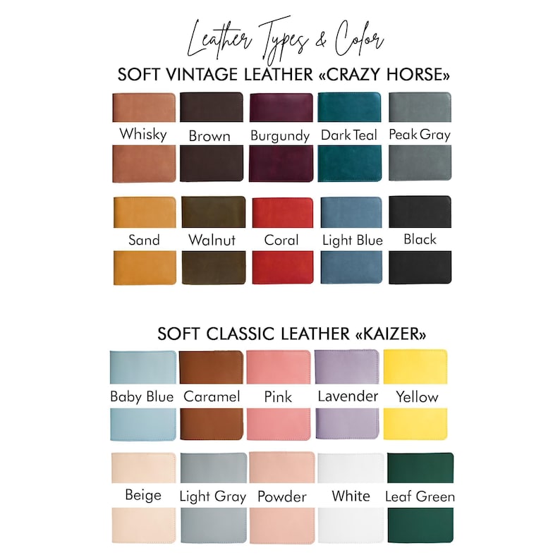 a collection of various leather types and colors, including soft vintage leather and soft classic leather, as well as a color swatch for each type.