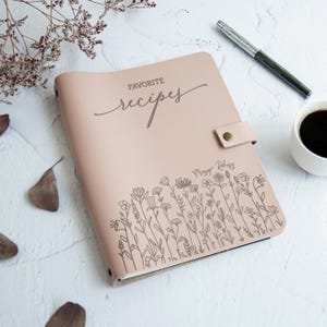 Powder personalized recipe book with floral engraving, custom cookbook journal gift for mom and baker