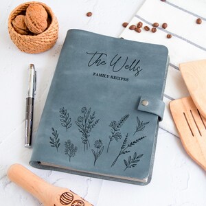 Light Blue personalized leather recipe book with wildflower engraving, custom family cookbook binder, handmade recipe journal gift for mom grandma wife