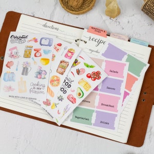 Extra zelfklevende etiketten op tabbladen voor recepten - 16 categorieën gerechten + 8 blanco tabbladen | Keukenstickerpakket: 58 stickers voor receptenboek