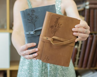 Custom Leather Journal, Birth Flower Notebook, Bridesmaid Gift, Birth Month Flower, Birthday Gift for Her Girlfriend Daughter, Mothers Day