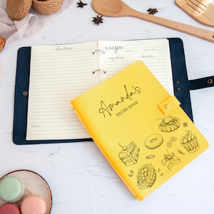 Yellow personalized dessert recipe book with bakery engraving, custom baking cookbook